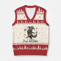 Mardi Gras Raccoon V-Neck Knit Sweater Vest Feral And Festive Trased Panda