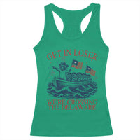 Get In Loser We’re Crossing The Delaware Racerback Tank Top Funny Raccoon Meme 4th of July