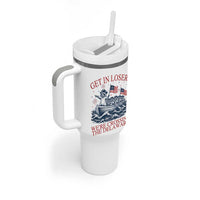 Get In Loser We’re Crossing The Delaware Tumbler With Handle Funny Raccoon Meme 4th of July