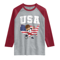 USA Soccer Dabbing Boy American Flag Fan Raglan Shirt