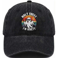 90th Birthday Halloween Ghost Washed Cotton Baseball Cap Holy Sheet I'm Ninety