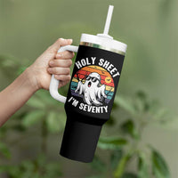 70th Birthday Halloween Ghost Tumbler With Handle Holy Sheet I'm Seventy