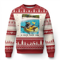 I Live Here Now Raccoon Ugly Christmas Sweater Funny Summer Vacation Meme