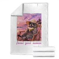 Feral Girl Summer Throw Blanket Funny Raccoon Summer Beach Meme