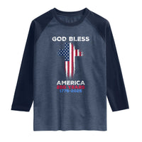 God Bless America 250 Years 1776-2026 Raglan Shirt Christian Cross Flag