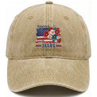 America Needs Jesus Washed Cotton Baseball Cap Christian Floral US Flag 4th of July