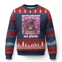 Save The Environment Eat Plastic Ugly Christmas Sweater Funny Cute Cat Meme - Wonder Print Shop