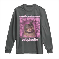 Save The Environment Eat Plastic Long Sleeve Shirt Funny Cute Cat Meme - Wonder Print Shop