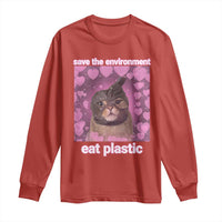 Save The Environment Eat Plastic Long Sleeve Shirt Funny Cute Cat Meme - Wonder Print Shop