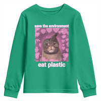 Save The Environment Eat Plastic Youth Sweatshirt Funny Cute Cat Meme - Wonder Print Shop