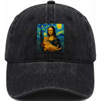 Mona Lisa Cat Starry Night Washed Cotton Baseball Cap