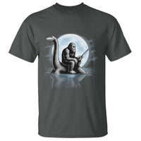 Funny Bigfoot Fishing T Shirt Sasquatch Riding Nessie Cryptid Moon Night - Wonder Print Shop