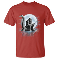 Funny Bigfoot Fishing T Shirt Sasquatch Riding Nessie Cryptid Moon Night - Wonder Print Shop