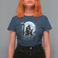Funny Bigfoot Fishing T Shirt For Women Sasquatch Riding Nessie Cryptid Moon Night - Wonder Print Shop