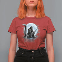 Funny Bigfoot Fishing T Shirt For Women Sasquatch Riding Nessie Cryptid Moon Night - Wonder Print Shop