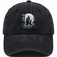 Funny Bigfoot Fishing Washed Cotton Baseball Cap Sasquatch Riding Nessie Cryptid Moon Night