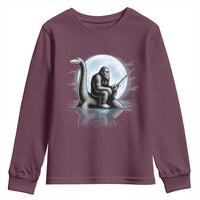 Funny Bigfoot Fishing Youth Sweatshirt Sasquatch Riding Nessie Cryptid Moon Night - Wonder Print Shop