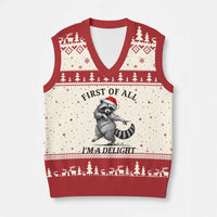 First Of All I Am A Delight V-Neck Knit Sweater Vest Funny Xmas Raccoon - Wonder Print Shop