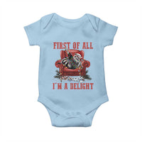 First Of All I Am A Delight Baby Onesie Funny Raccoon Christmas Meme - Wonder Print Shop