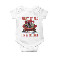 First Of All I Am A Delight Baby Onesie Funny Raccoon Christmas Meme - Wonder Print Shop