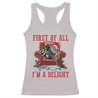 First Of All I Am A Delight Racerback Tank Top Funny Raccoon Christmas Meme - Wonder Print Shop