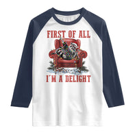 First Of All I Am A Delight Raglan Shirt Funny Raccoon Christmas Meme - Wonder Print Shop