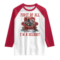 First Of All I Am A Delight Raglan Shirt Funny Raccoon Christmas Meme - Wonder Print Shop