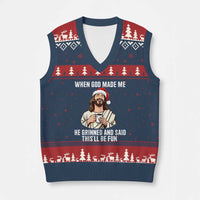 Funny Jesus Christian Christmas V-Neck Knit Sweater Vest When God Made Me He Grinned And Said This Will Be Fun - Wonder Print Shop