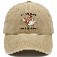 Funny Goose Christmas Washed Cotton Baseball Cap Festive Goose On The Loose Xmas