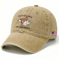 Funny Goose Christmas Washed Cotton Baseball Cap Festive Goose On The Loose Xmas