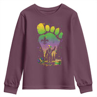 Mardi Gras Bigfoot Youth Sweatshirt Sasquatch Forest Footprint Carnival Party
