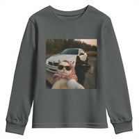 Cats Selfie Meme Youth Sweatshirt Funny Black Cat Smoking Cigarette With Car - Wonder Print Shop