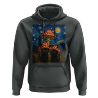 Cute Black Cat Mushroom Hoodie Stary Night Vangogh Amanita Muscaria - Wonder Print Shop