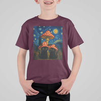 Cute Black Cat Mushroom T Shirt For Kid Stary Night Vangogh Amanita Muscaria - Wonder Print Shop