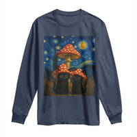 Cute Black Cat Mushroom Long Sleeve Shirt Stary Night Vangogh Amanita Muscaria - Wonder Print Shop