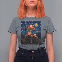 Cute Black Cat Mushroom T Shirt For Women Stary Night Vangogh Amanita Muscaria - Wonder Print Shop