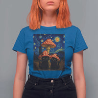 Cute Black Cat Mushroom T Shirt For Women Stary Night Vangogh Amanita Muscaria - Wonder Print Shop