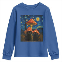Cute Black Cat Mushroom Youth Sweatshirt Stary Night Vangogh Amanita Muscaria - Wonder Print Shop