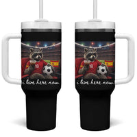 Espana Spain Soccer Football Fan Spanish Flag Tumbler With Handle Funny Raccoon I Live Here Now