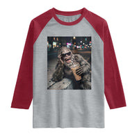 Bigfoot Drinking Iced Coffee Raglan Shirt Funny Sasquatch Streetwear