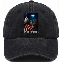 Jesus Christian Washed Cotton Baseball Cap American Flag Joy To The World Christmas
