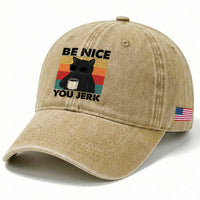 Be Nice You Jerk Washed Cotton Baseball Cap Funny Black Cat Sarcastic Quote