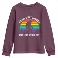 Retro Rainbow Bigfoot Youth Sweatshirt Believe In Yourself Even When Others Don't