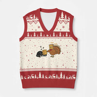 Funny Thanksgiving V-Neck Knit Sweater Vest Turkey Fake Cat Meow - Wonder Print Shop