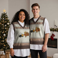 Funny Thanksgiving V-Neck Knit Sweater Vest Turkey Fake Cat Meow - Wonder Print Shop