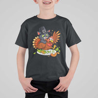 Funny Thanksgiving Cat Pilgrim Eat Turkey T Shirt For Kid - Wonder Print Shop