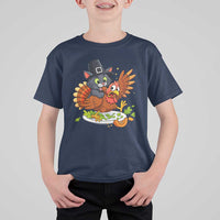 Funny Thanksgiving Cat Pilgrim Eat Turkey T Shirt For Kid - Wonder Print Shop