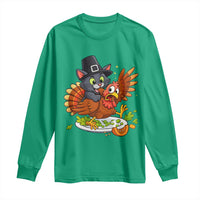 Funny Thanksgiving Cat Pilgrim Eat Turkey Long Sleeve Shirt - Wonder Print Shop
