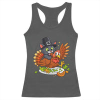 Funny Thanksgiving Cat Pilgrim Eat Turkey Racerback Tank Top - Wonder Print Shop