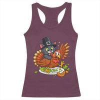 Funny Thanksgiving Cat Pilgrim Eat Turkey Racerback Tank Top - Wonder Print Shop